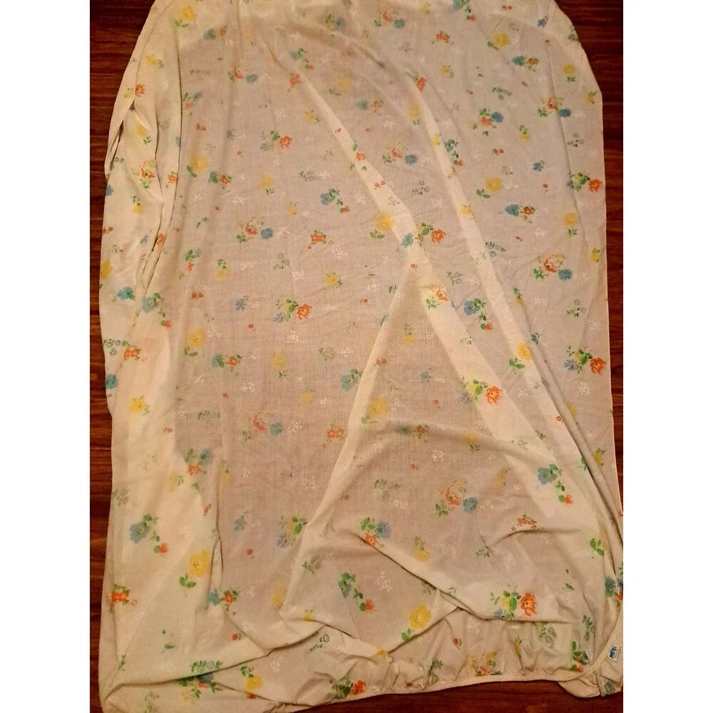Vintage Wildflower Fitted Full Sheet Blue Orange Yellow Flowers Percale Cottage